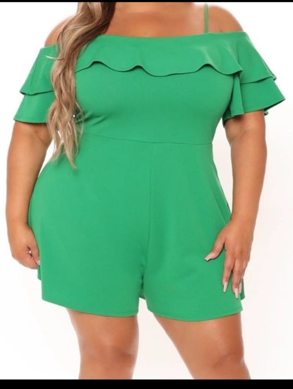 Fashion Nova Plus‎ Size Green Off-Shoulder Ruffle Romper